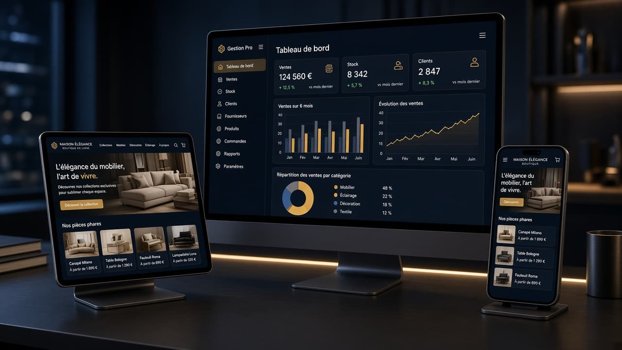Ordinateur affichant un logiciel de gestion, tablette et smartphone affichant la boutique en ligne correspondante
