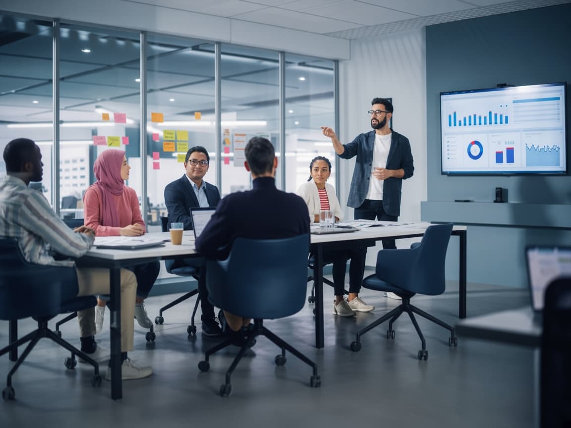 Directeur et équipe en réunion devant un tableau de bord digital dans un bureau moderne